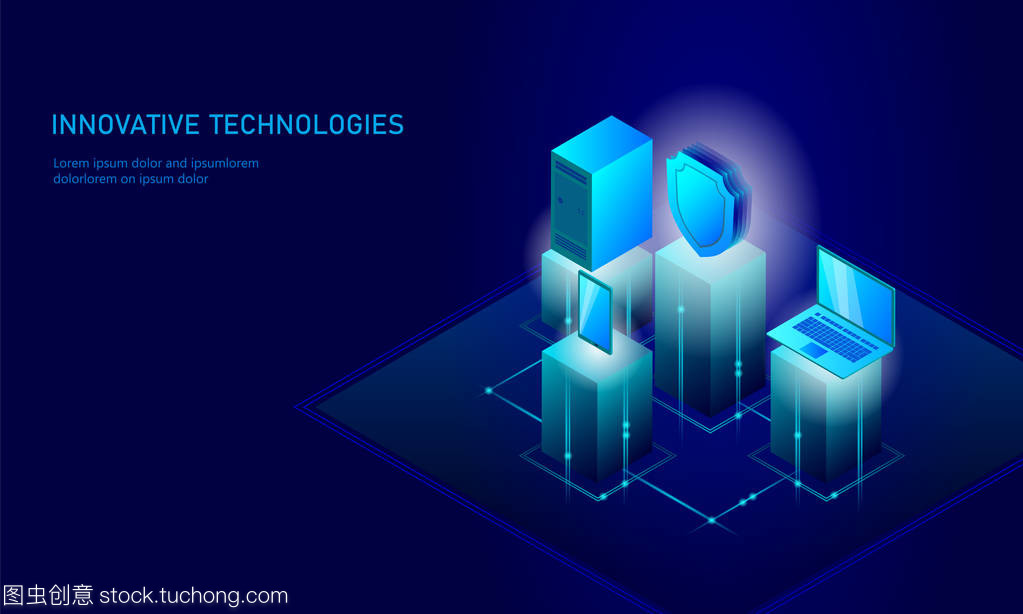 等距互聯網安全盾的經營理念。藍色發光等距個人信息數據連接 pc 智能手機未來技術。3d 圖表矢量圖